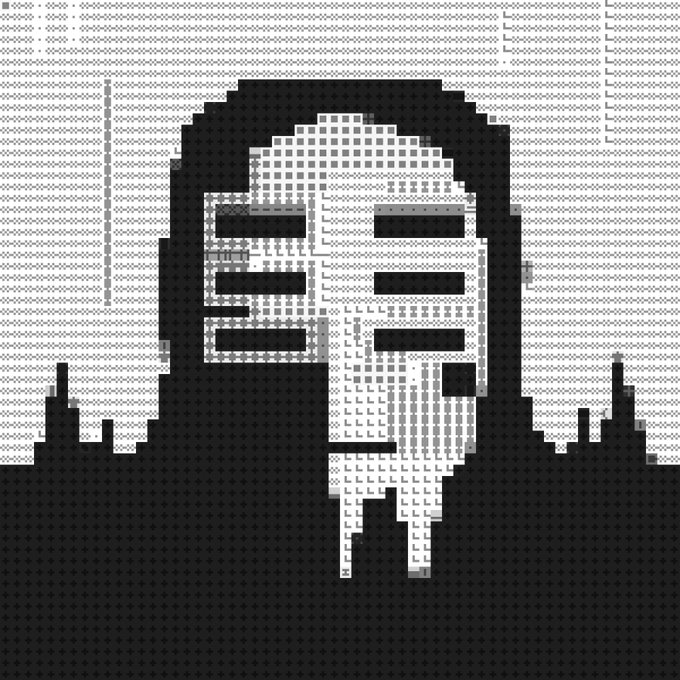 This pixel art depicts a faceless hooded figure in black and white, evoking a mysterious digital or hacker aesthetic that ties into the post's announcement of minting a "Satari."