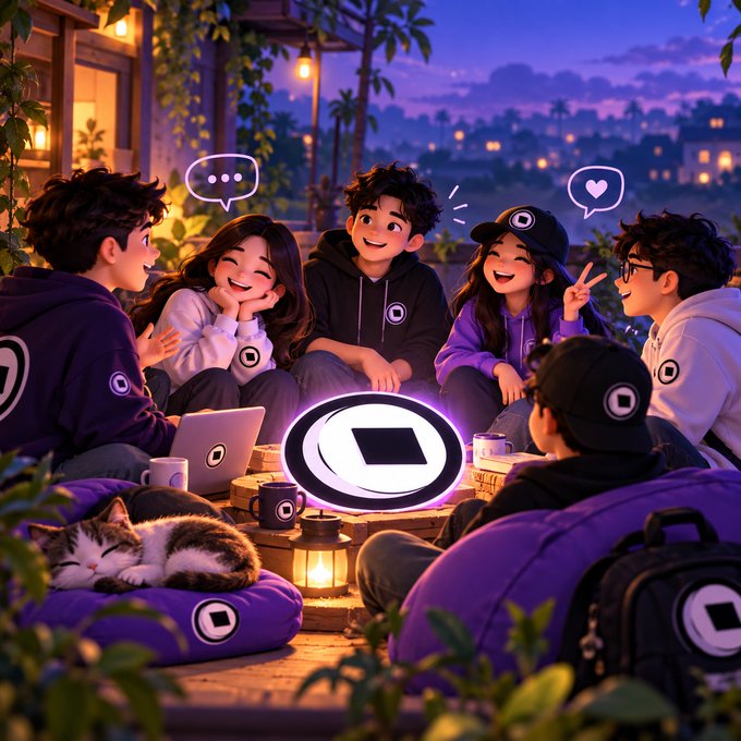 An illustrated scene of a group of young people gathered together at night, smiling around a glowing logo, with a cat resting on a pillow nearby.