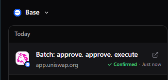 A screenshot of a transaction notification on the Base network showing a 'Batch: approve, approve, execute' confirmation from app.uniswap.org.
