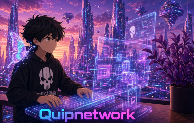 An anime-style illustration shows a person with a butterfly companion typing on a holographic keyboard in a cyberpunk cityscape, with "Quipnetwork" text visible.