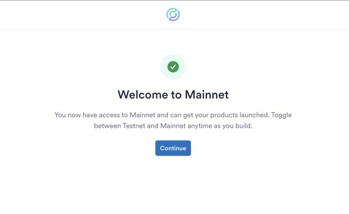 A confirmation screen displaying "Welcome to Mainnet" with a green checkmark and the text "You now have access to Mainnet and can get your products launched. Toggle between Testnet and Mainnet anytime as you build," along with a blue "Continue" button. This appears to be the successful completion page after submitting the Google Form to list a gem on the Circle marketplace, indicating the project (referenced as "Ronin") has been approved for mainnet deployment.