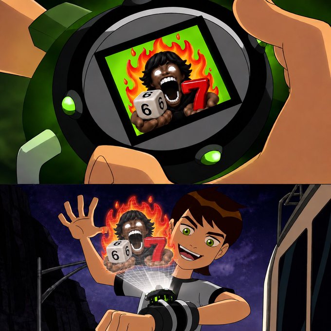 A two-panel Ben 10 meme featuring a screaming character with dice (6 and 7) and flames, photoshopped onto Ben's Omnitrix watch and appearing as a hologram.