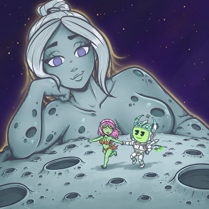 An illustration showing a giant gray-skinned female figure with white hair resting her chin on her hand, while two smaller characters—a green-skinned girl in a bikini and a green robot wearing a jester hat—stand on a cratered moon-like surface.