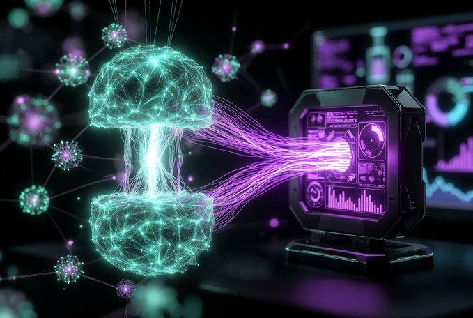 A futuristic 3D rendering showing a glowing teal neural network or mushroom-like digital structure transmitting purple energy/data streams into a high-tech computer server.