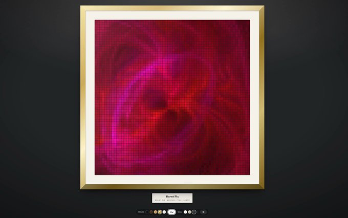 A framed digital artwork displayed in a gallery setting, featuring swirling red and magenta abstract patterns made of pixelated dots, with a label below reading 'Burnt Pix' and additional color/painting options.