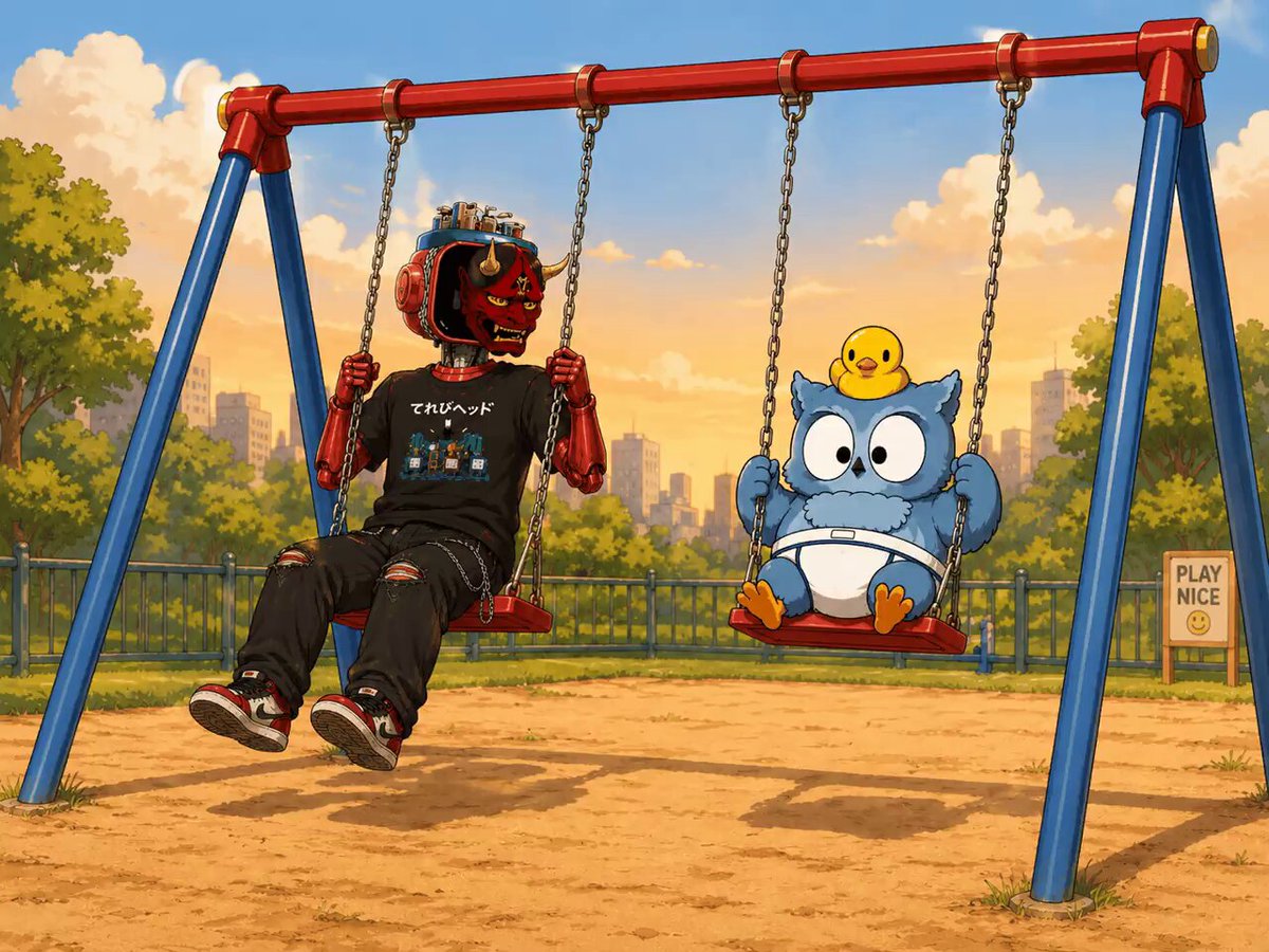 The image features a man wearing a red helmet sitting on a swing, with an owl perched on his shoulder. A yellow bird is also present in the scene. In the background, there are trees that add to the park-like setting of the image. The caption "Good morning Sui" suggests that this might be a post about the man's day or a message from someone named Sui.