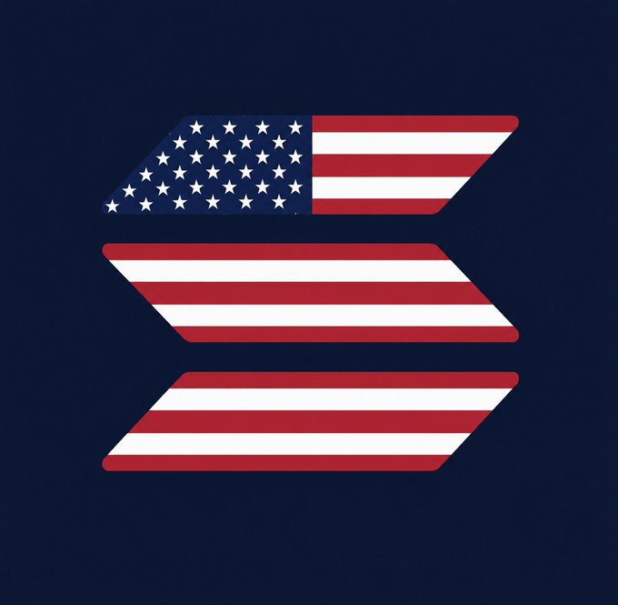 A stylized American flag is split into three stacked, slanted banner segments against a dark navy background, forming a modern emblematic design that ties into the "Happy 250th, America" celebration.