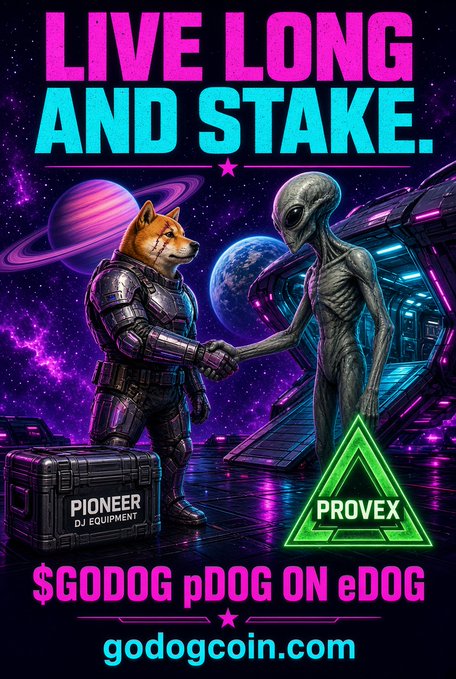 A sci-fi themed meme art featuring a Shiba Inu astronaut shaking hands with a grey alien, alongside the text "LIVE LONG AND STAKE," "$GODOG pDOG ON eDOG," "PIONEER DJ EQUIPMENT," and "PROVEX" (the alien's triangle logo), promoting godogcoin.com to highlight the $GODOG community's playful, decentralized meme culture on PulseChain.