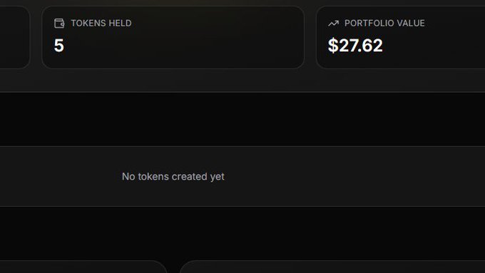 A dark dashboard interface showing 'TOKENS HELD: 5' and 'PORTFOLIO VALUE: $27.62' with a message reading 'No tokens created yet'.