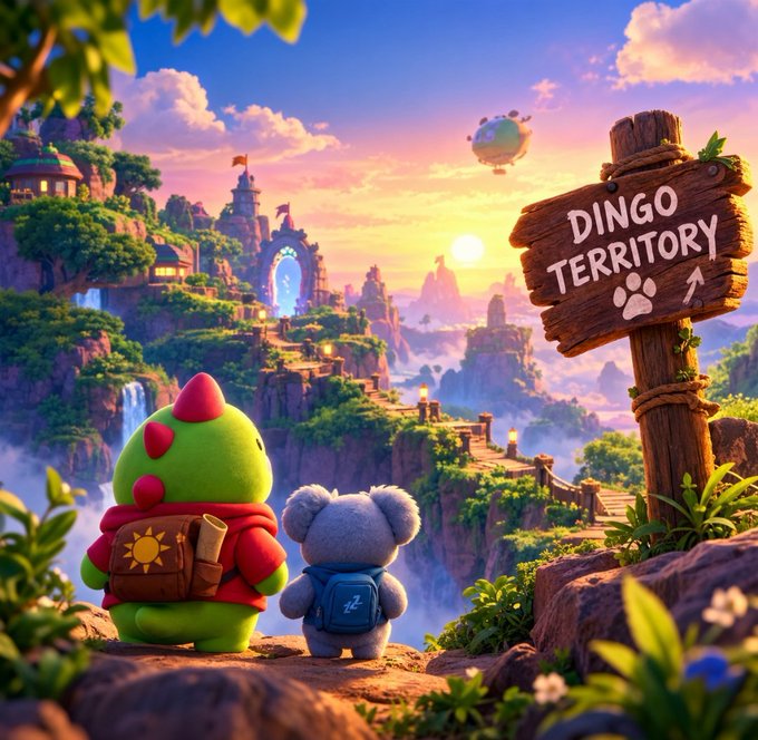 A 3D-rendered illustration of a green dinosaur and a gray koala looking out at a fantasy landscape, with a wooden sign reading "DINGO TERRITORY."