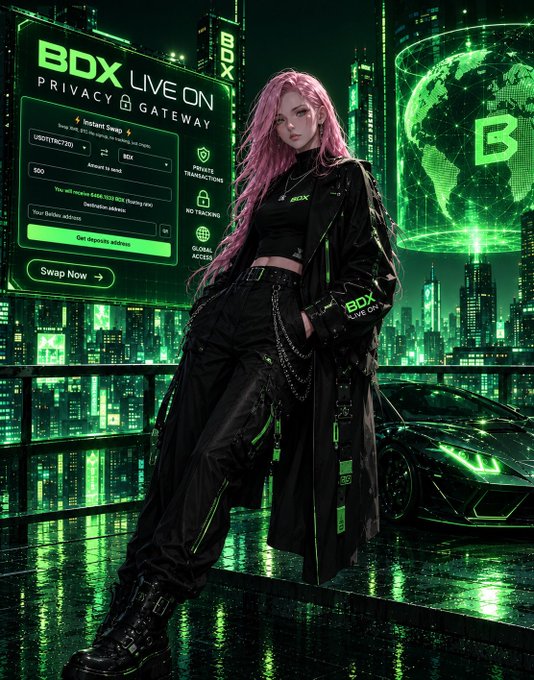 A cyberpunk-style illustration of a woman with pink hair wearing BDX (Beldex) branded clothing, standing before a neon-lit cityscape with 'BDX LIVE ON PRIVACY GATEWAY' interface and a holographic globe.