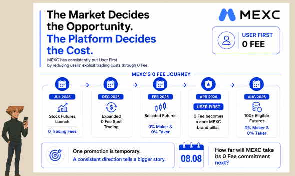 The image is a MEXC promotional infographic titled "The Market Decides the Opportunity. The Platform Decides the Cost," highlighting their "User First, 0 Fee" initiative with a timeline of zero-fee milestones from July 2025 (Stock Futures Launch) to August 2026 (100+ Eligible Futures, 0% Maker & Taker). It visually reinforces the post's theme by suggesting that while traders focus on finding new market opportunities during slow periods, MEXC's consistent zero-fee platform eliminates trading costs—shifting the focus from chasing opportunities to benefiting from reduced expenses.