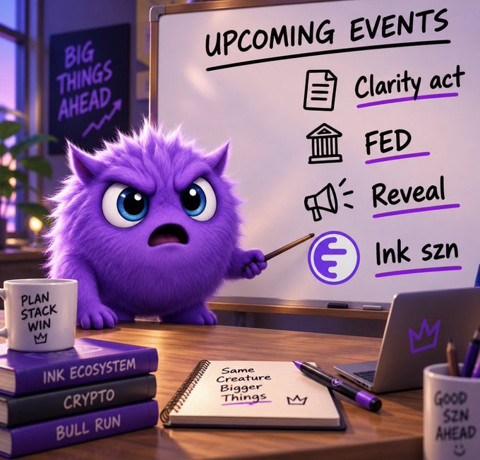 A purple cartoon creature points to a whiteboard listing 'UPCOMING EVENTS' including 'Clarity act', 'FED', 'Reveal', and 'Ink szn', with books labeled 'INK ECOSYSTEM', 'CRYPTO', and 'BULL RUN' on the desk.