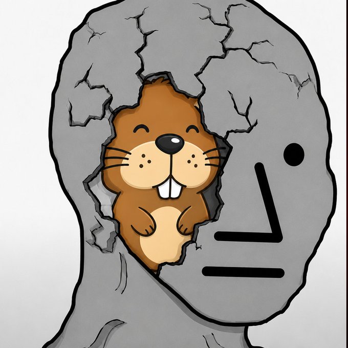 An illustration of a smiling cartoon beaver that has burst out from inside a cracked gray stone head.