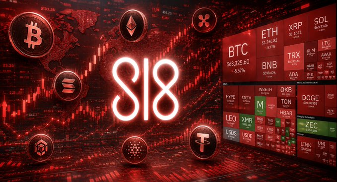 A glowing red "S|8" logo sits at the center of a cryptocurrency-themed graphic, surrounded by candlestick charts and floating coin icons representing Bitcoin, Ethereum, Solana, XRP, TRX, ADA, and Tether, alongside a price ticker board showing BTC at $63,325.60 and ETH at $1,766.62. The image visually reinforces the caption's point about SL8 (stylized as S|8) as a staking-focused product that integrates with the broader crypto ecosystem rather than competing solely on headline yield.