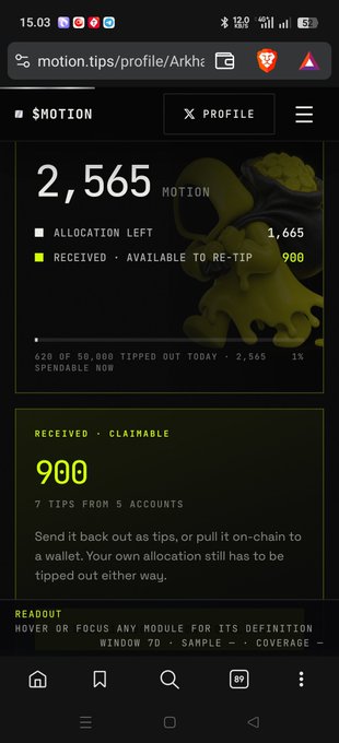 A screenshot of the motion.tips profile dashboard displays a balance of 2,565 $MOTION with 900 received tips available to claim from 5 accounts, supporting the message that consistent engagement with other creators yields greater tipping rewards on the platform.