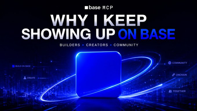 The image features a blue square with white text that reads "Why I keep showing up on base", accompanied by a blue circle containing a lightbulb symbolizing the concept of "base" or "basecamp". The background of the image is black, which contrasts with the blue elements and makes them stand out. The caption below the image explains the purpose behind it - to encourage people to join the baseapp community and participate in its activities.