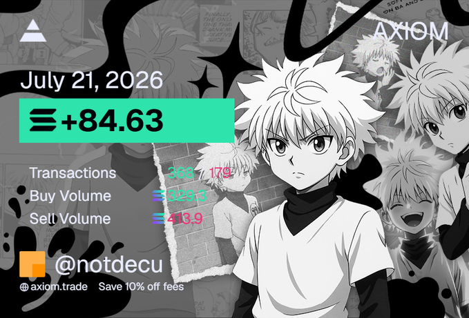 A stylized black-and-white anime graphic featuring Killua from Hunter x Hunter promotes a trading portfolio update dated July 21, 2026, showing a daily gain of +84.63 with 34 transactions and a $412.3 sell volume. The image humorously illustrates the accompanying post claiming "$+84 Solana ($6,600) W Tuesday."