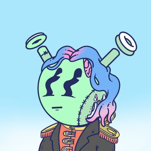An illustration of a green zombie-like character with stitch marks on its face, blue and pink dripping hair, antenna-like protrusions, and a military-style jacket with epaulets.