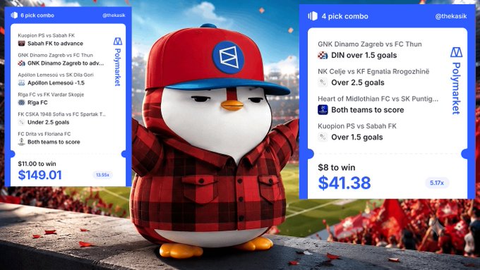 A promotional graphic featuring a penguin mascot in a red plaid jacket and 'GM' cap, flanked by Polymarket sports betting combo slips including a '6 pick combo' for $149.01 and a '4 pick combo' for $41.38.