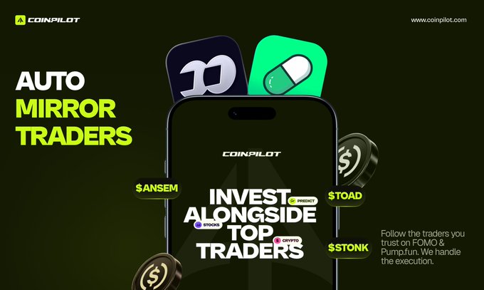 Advertisement for Coinpilot (www.coinpilot.com) promoting "Auto Mirror Traders" with the tagline "Invest Alongside Top Traders", showing memecoin tickers like $ANSEM, $TOAD, and $TONK.