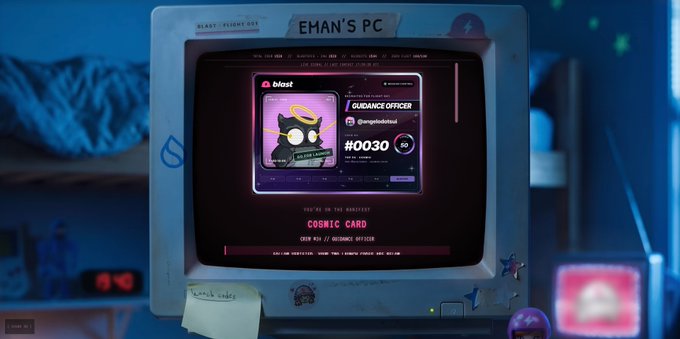A retro-style computer monitor labeled 'EHAN'S PC' displaying a Bloot digital collectible NFT called 'Guidance Officer' with the number 0030.