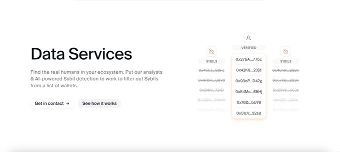 A webpage section titled 'Data Services' explaining how analysts and AI-powered Sybil detection filter out Sybils from wallets, with an illustration showing verified wallet addresses separated from Sybils.