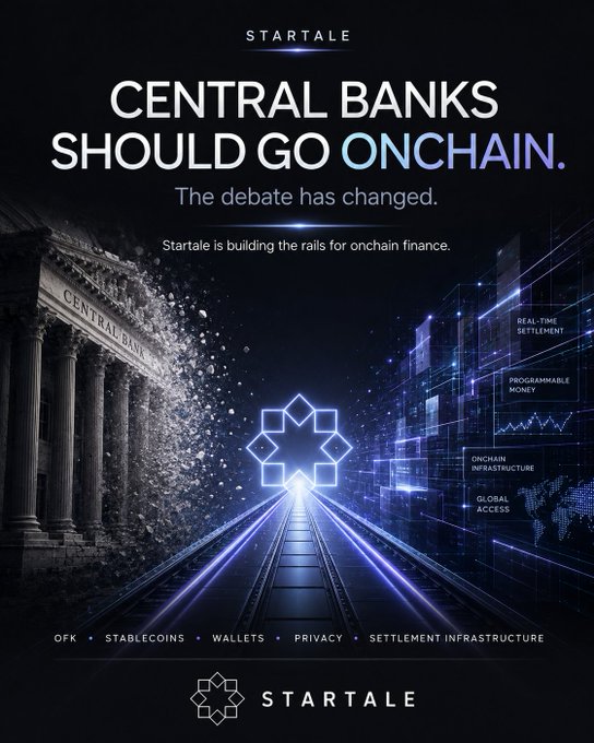 A promotional graphic for 'STARTALE' featuring the tagline 'CENTRAL BANKS SHOULD GO ONCHAIN. The debate has changed.' with imagery blending a classical central bank building and digital blockchain infrastructure, listing categories: 'OFK, STABLECOINS, WALLETS, PRIVACY, SETTLEMENT INFRASTRUCTURE'.