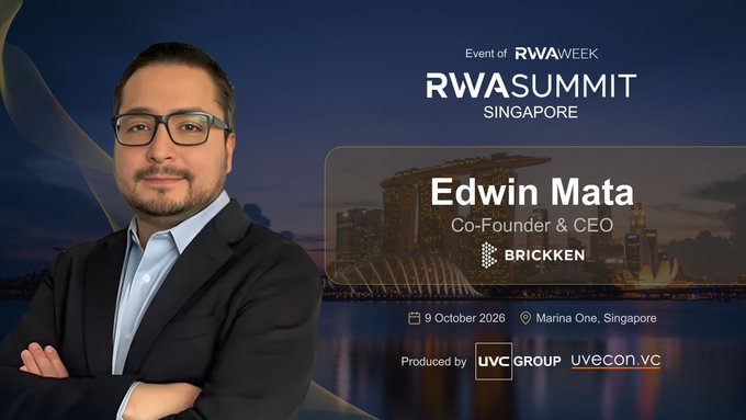 Promotional graphic for RWA Summit Singapore featuring Edwin Mata, Co-Founder & CEO of Brickken, with event details for October 9, 2026 at Marina One, Singapore, produced by UVG Group.