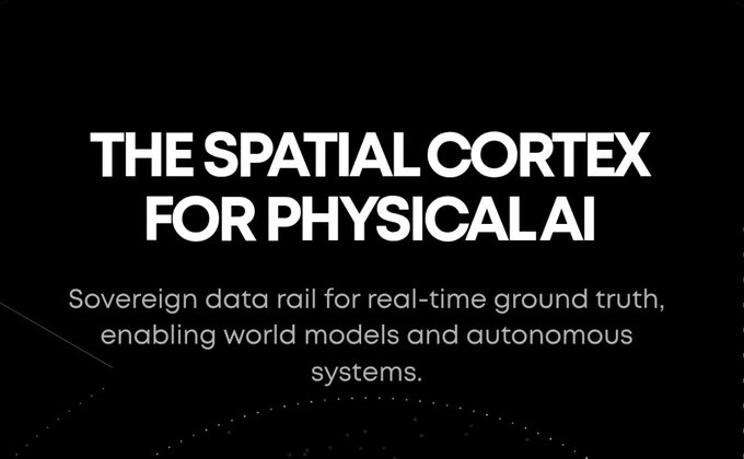 A minimalist black slide with white text reading 'THE SPATIAL CORTEX FOR PHYSICAL AI' and a subtitle 'Sovereign data rail for real-time ground truth, enabling world models and autonomous systems.'