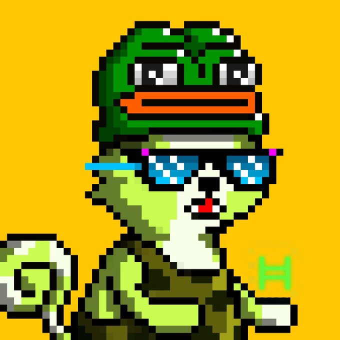 A pixel art image of Pepe the Frog wearing a green helmet and pixelated sunglasses, with another smaller Pepe character in the corner against an orange background.