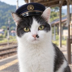 A black and white cat wearing a stationmaster's hat sits on a train platform.