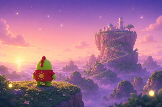 A whimsical digital artwork featuring a small green character in a red shirt with a sun emblem, standing on a cliff overlooking a dreamy pink and purple fantasy landscape with a castle in the distance.