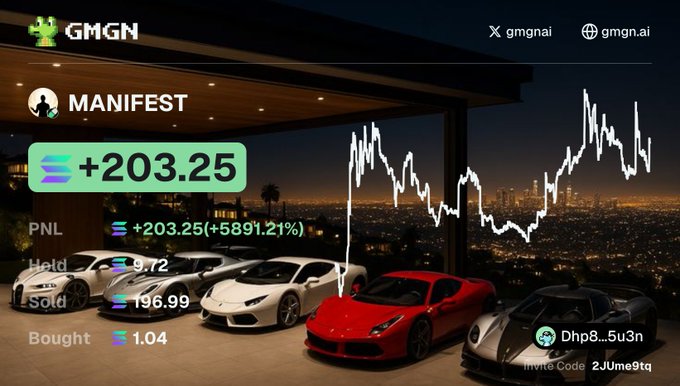 The image shows a car dealership's website with a red sports car displayed prominently at the top of the page. The background features a city skyline at night, creating an urban atmosphere around the cars. Below the main image, there are several other cars on display in various colors and models, showcasing the dealership's diverse selection of vehicles for sale. The post also includes text that reads "Manifest", "Empowered by GMGN", and "XGGN", which may be related to the dealership or the content displayed on the website.