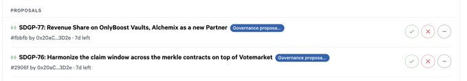 A proposals interface showing two governance proposals: 'SDGP-77: Revenue Share on OnlyBoost Vaults, Alchemix as a new Partner' and 'SDGP-76: Harmonize the claim window across the merkle contracts on top of Votemarket,' each with check, X, and minus voting buttons.
