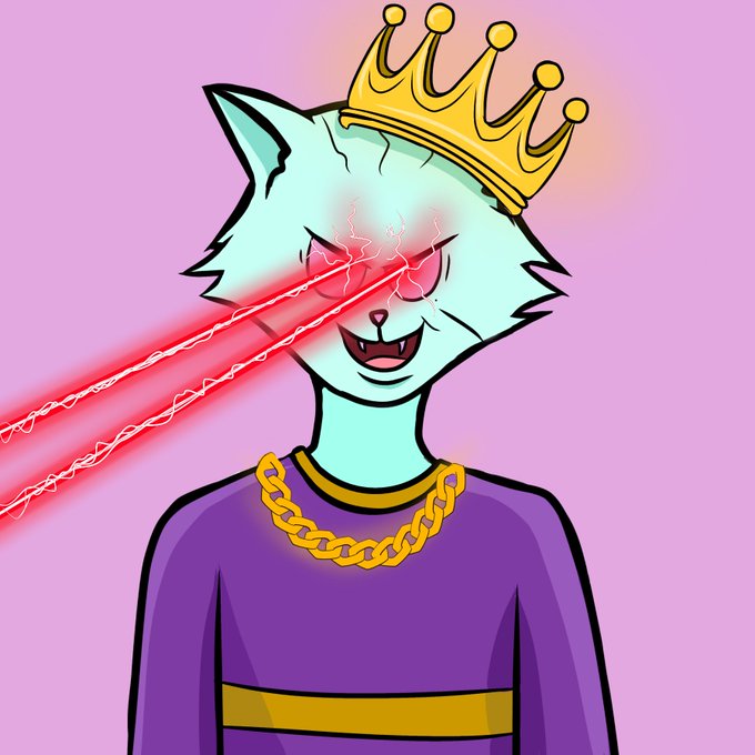 A cartoon illustration of an anthropomorphic mint-green cat with red crackling laser eyes, wearing a gold crown, a gold chain, and a purple shirt against a light purple background.