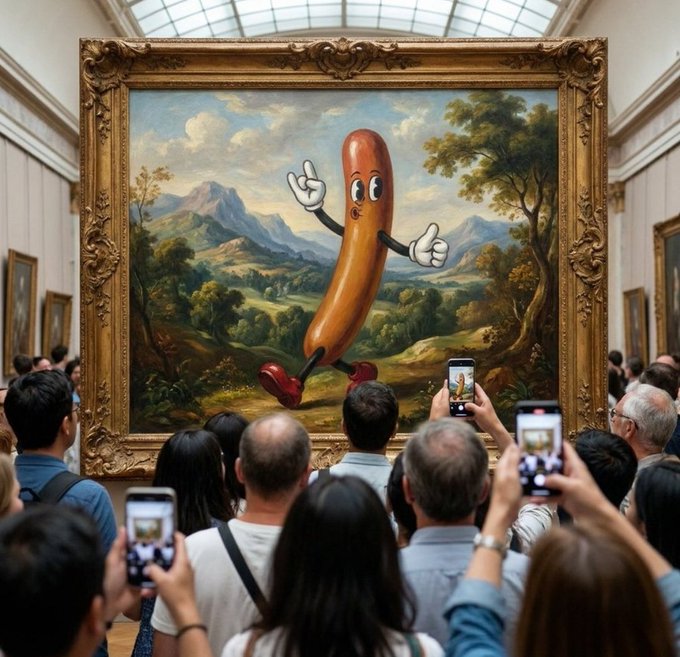 A crowd gathers in an art gallery, captivated by a large classical landscape painting featuring an anthropomorphic sausage character with cartoon eyes, white gloves, and red shoes, as visitors hold up their phones to photograph the whimsical centerpiece. The image humorously illustrates the "big attention" the $BIGD token is receiving, with the absurd artwork symbolizing how the project has become a spectacle worth capturing and watching closely in the crypto space.
