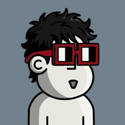 A cartoon character with messy black hair and red pixelated sunglasses looking surprised against a gray background.