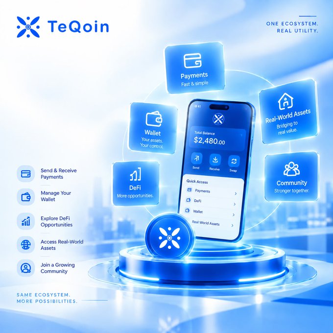 A promotional graphic for TeQoin, displaying a smartphone with a $2,480.00 balance surrounded by floating feature icons for Payments ("Fast & simple"), Wallet ("Your assets. Your control."), DeFi ("More opportunities"), Real-World Assets ("Bridging to real value"), and Community ("Stronger together"), with a sidebar listing user benefits and the tagline "ONE ECOSYSTEM. REAL UTILITY." at the top and "SAME ECOSYSTEM. MORE POSSIBILITIES." at the bottom.