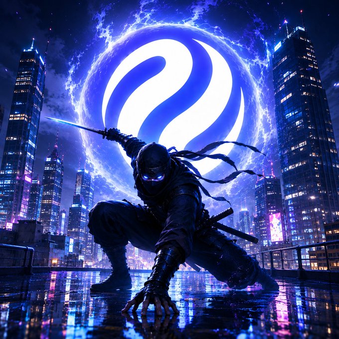 An action scene depicting a masked ninja-like figure crouching on a wet rooftop overlooking a neon-lit cyberpunk city, with a large glowing blue and white swirling logo behind them.