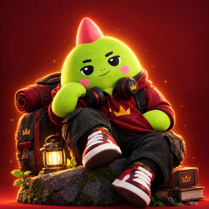 A 3D-rendered green mascot character wearing a red hoodie, headphones, and sneakers sits on a rock with a backpack and lantern against a red background.