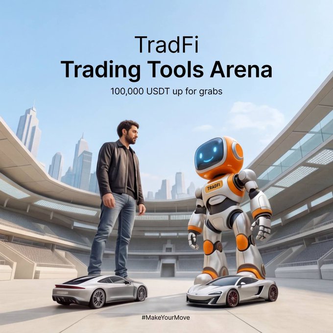 A promotional graphic for 'TradFi Trading Tools Arena' offering '100,000 USDT up for grabs', showing a man and a robot standing on cars in a stadium.