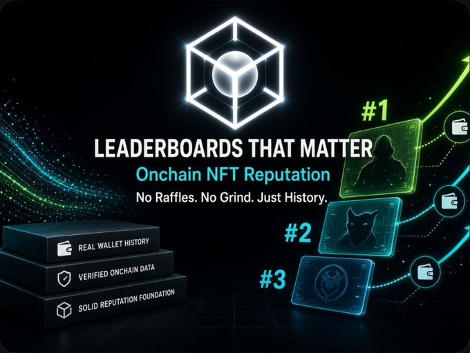 A promotional graphic titled 'LEADERBOARDS THAT MATTER' featuring 'Onchain NFT Reputation' with text 'No Raffles. No Grind. Just History.' and highlights including 'REAL WALLET HISTORY', 'VERIFIED ONCHAIN DATA', and 'SOLID REPUTATION FOUNDATION'.