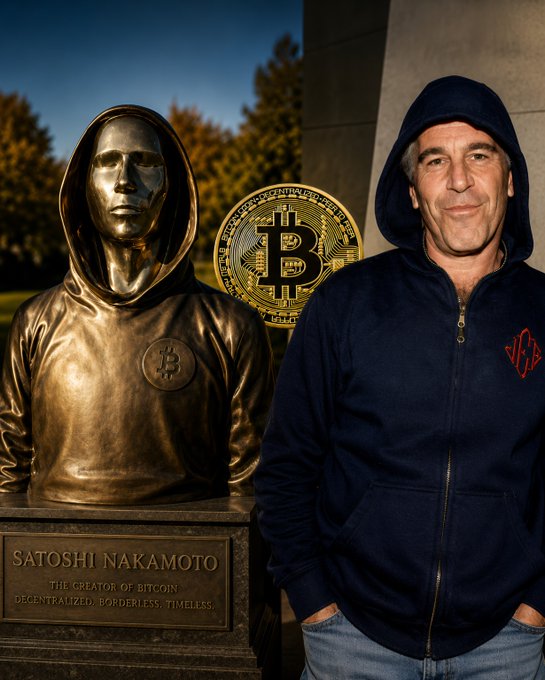 The image shows a man in a dark blue hoodie standing beside a bronze bust and a golden Bitcoin coin, with a plaque reading "SATOSHI NAKAMOTO - THE CREATOR OF BITCOIN - DECENTRALIZED, BORDERLESS, TIMELESS." The accompanying post asking to "remove the person who really founded Bitcoin" plays on the irony of the scene, where Bitcoin's anonymous creator is symbolized only by a faceless statue while the real figure stands unidentified next to it.