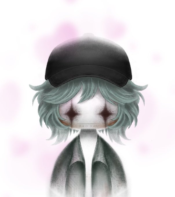 An anime-style illustration of a pale character with light blue hair, a black cap, large dark eyes, and a teal jacket against a white background with pink bokeh effects.