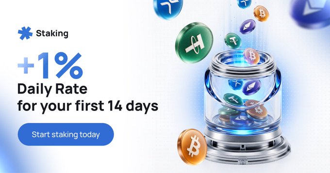 A promotional graphic for a cryptocurrency staking service advertising a '+1% Daily Rate for your first 14 days' with a 'Start staking today' button, featuring 3D rendered crypto coins falling into a glass jar.