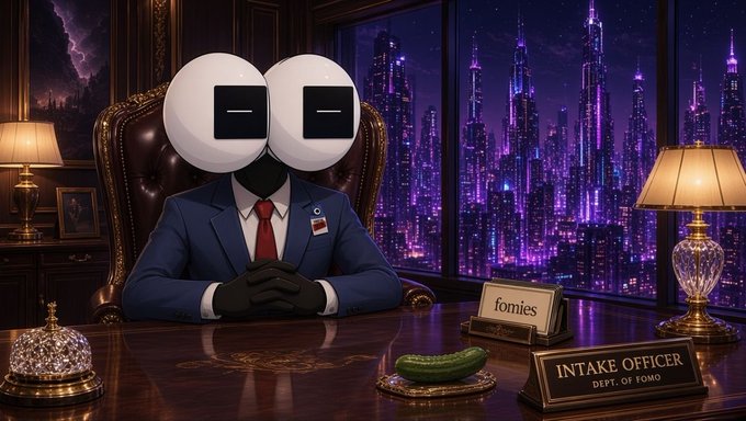A surreal AI artwork of a figure in a suit with large minimalist eyes sitting at a desk labeled 'INTAKE OFFICER DEPT. OF FOMO', with a sign saying 'fomies' and a pickle on the desk against a purple cityscape.
