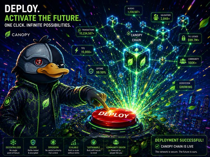 A promotional graphic for 'Canopy' titled 'DEPLOY. ACTIVATE THE FUTURE.' showing a duck in futuristic gear pressing a red 'DEPLOY' button, with stats like 'BLOCKS 1,234,567+', 'VALIDATORS 2,048+', 'TVL LOCKED $98.7M+', 'COMMUNITY 100K+', 'TPS 15,000+', and 'UPTIME 99.99%'.
