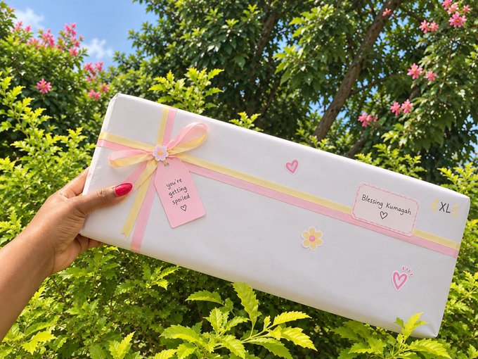 A hand with red nail polish holds a white gift-wrapped package with pink and yellow ribbon, labeled 'XL' and 'Blessing Kumayah' against a background of green foliage and pink flowers.