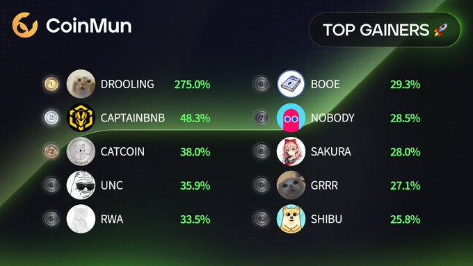 The image displays a graph showing various cryptocurrency gains or losses, with the Bitcoin being shown as the most popular one at the top of the list. The graph shows different cryptocurrencies such as catcoin, roboling, captainbbr, and rooolling. Some of these values are represented in numbers, while others have characters.